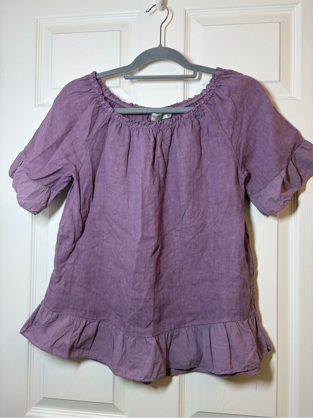 Terzo Millennio Smocked Neck Lavender Ruffle Hem 100% linen short sleeve Medium